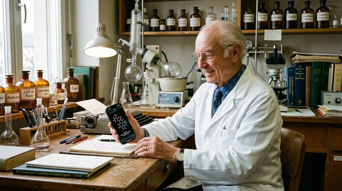 Historisches Chemielabor im Retro-Stil — Chemiker am Schreibtisch
