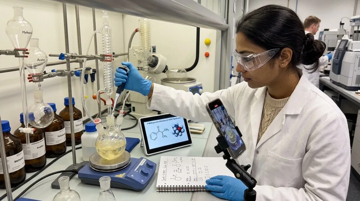 MDPV / Bath Salts — Wissenschaftlerin analysiert Cathinon-Molekülstruktur (4-MMC-Synthese) im Labor