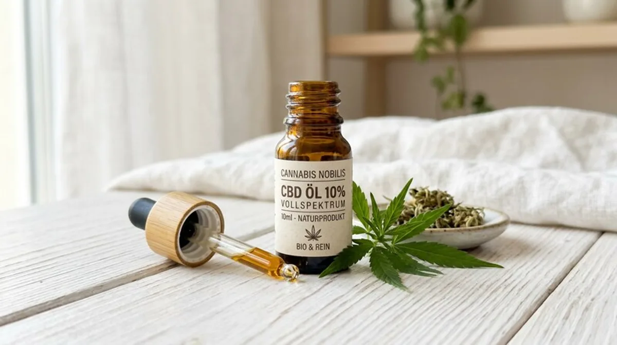 CBD-Öl in Flasche mit Pipette — weißer Hintergrund, Naturprodukt