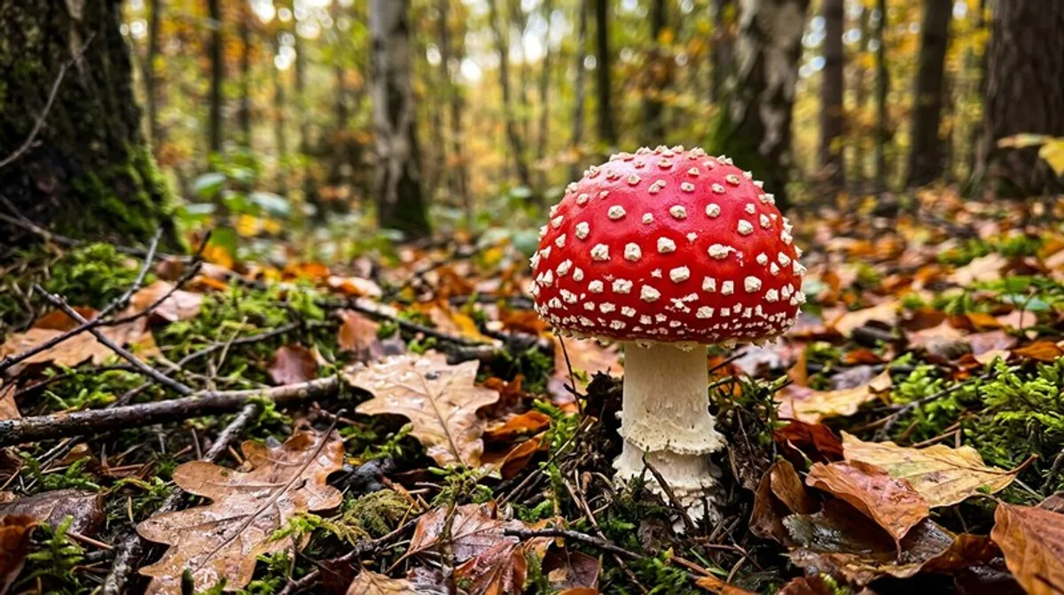 Fliegenpilz (Amanita muscaria) — roter Pilz mit weißen Punkten im Herbstwald