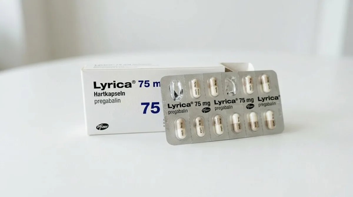 Pregabalin (Lyrica) — Blisterpackung Lyrica 75mg von Pfizer auf weißem Untergrund
