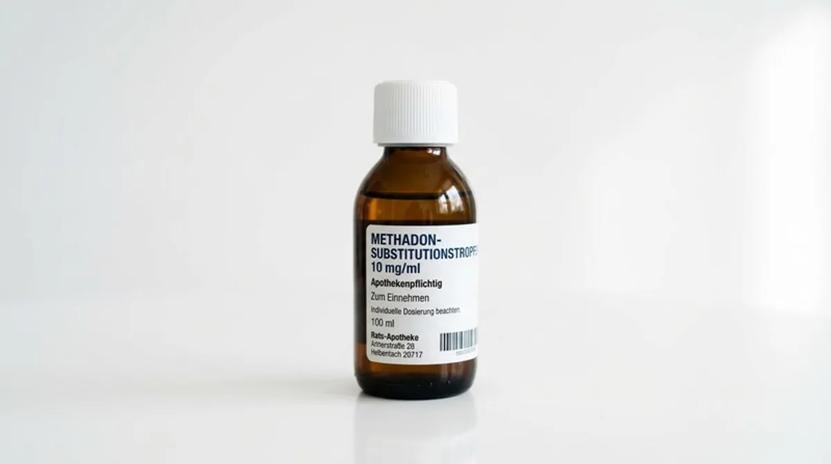 Methadon-Substitutionstropfen — Glasflasche mit 10mg/ml Methadon aus der Apotheke