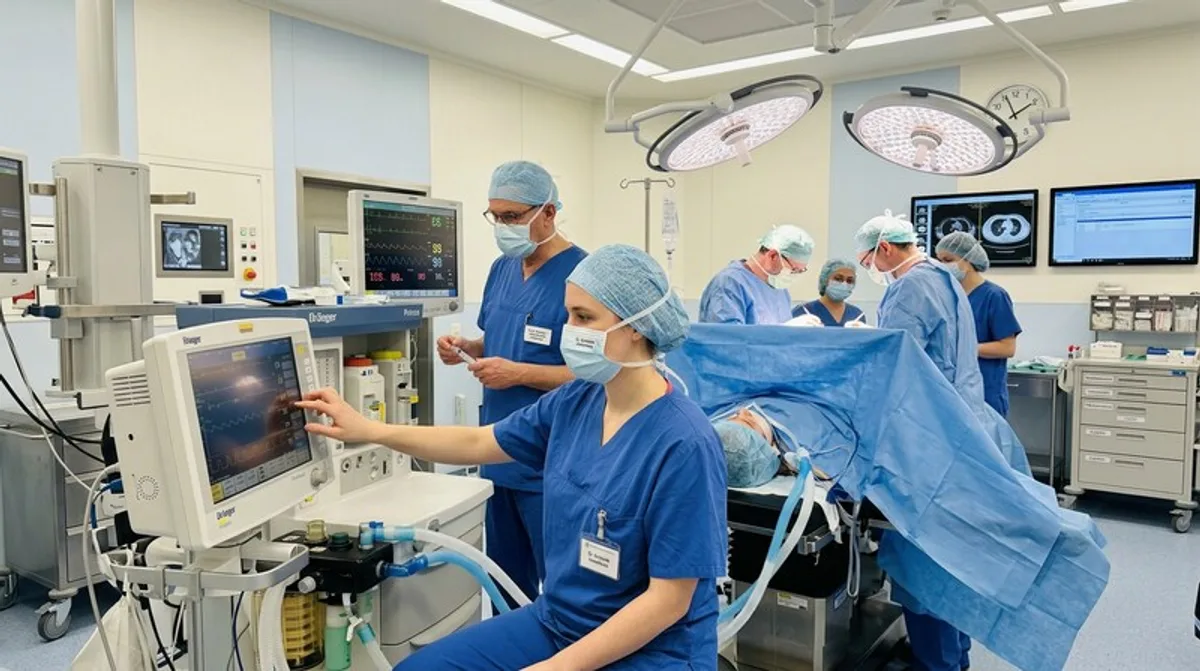 Operationssaal-Team bei Narkose — moderne Klinik Deutschland